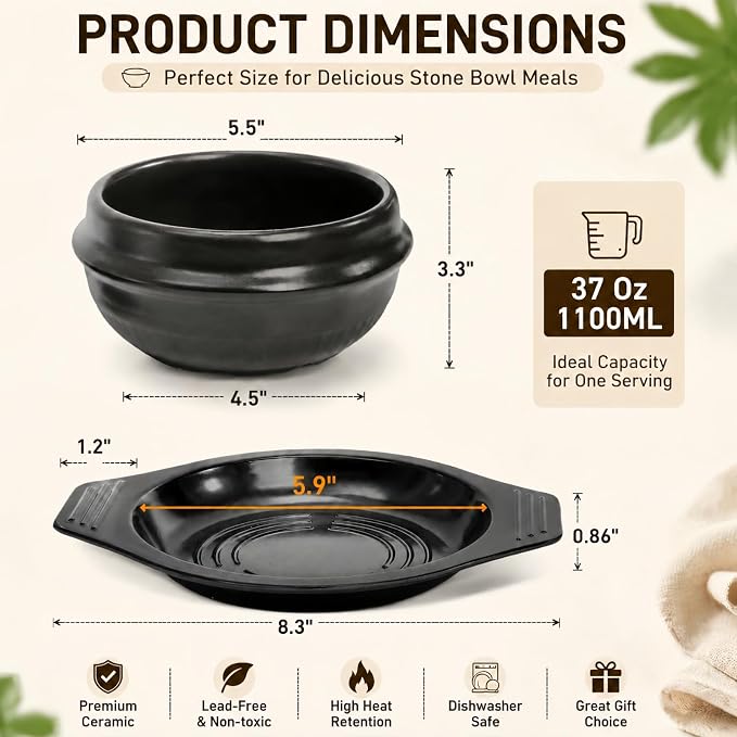 37 Oz Korean Stone Bowl with Tray | Ceramic Pot Set Dolsot Bibimbap Sizzling Hot Pot, Korean Cooking Soup Cookware for Restaurants, Rice, Soup, Noodle