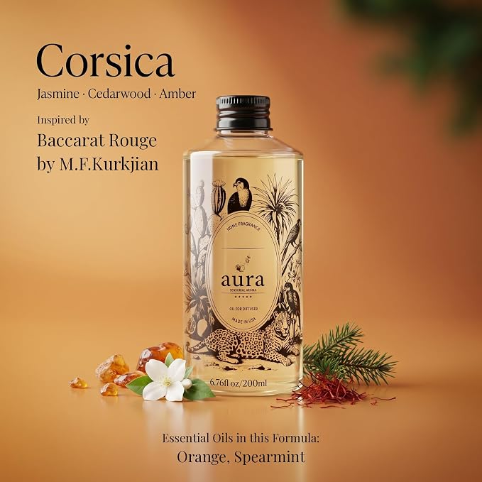 A U R A - Corsica Fragrance Oil for Waterless Scent Diffuser - Inspired by M.F.K Baccarat Rouge | 6.7 fl oz / 200 ml Essential Oil Blend for Aromatherapy & Hotel Collection Diffuser
