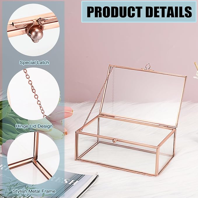 Hipiwe Vintage Glass Keepsake Box Rectangle Jewelry Display Organizer Lidded Box Home Decor Glass Decorative Box for Trinket Rings Earrings Bracelet, Rose Gold, Small