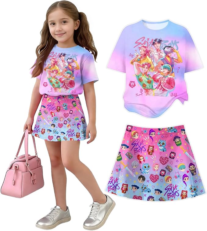 HTHLVMD K Pop Short Sleeve T-Shirt and Skirts Outfits Set for Girls Hunters Rumi Mira Zoey Graphic Tees De-Mon Costume