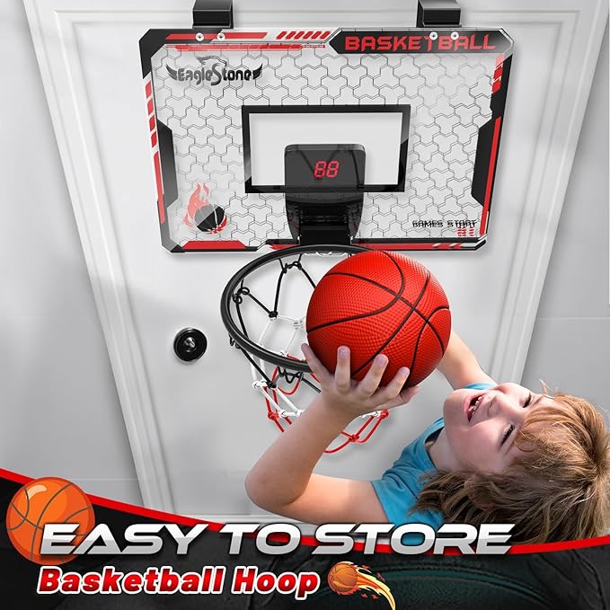EagleStone Mini Indoor Basketball Hoop with Scoreboard,4 Balls & Pump,Over The Door Bedroom Office Basketball Hoop for 6 7 8 9 10 11 12+ Year Old Kids Boys