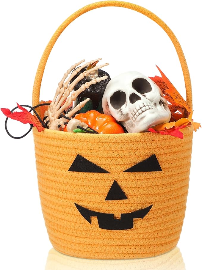 Halloween Basket with Handle Cute Bucket Cotton Rope Woven Candy Server Bag Pumpkin Witch Cat Pig Storage Basket for Halloween Party Favor(Bucket Pumpkin,Orange,1 Pack)
