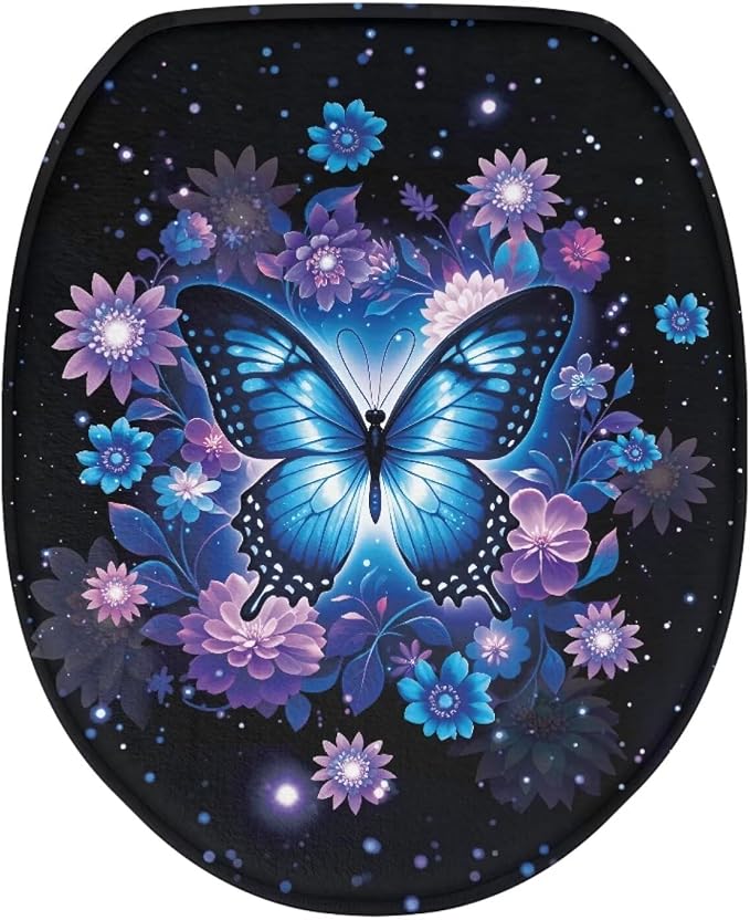 Blue Butterfly Toilet Seat Covers for Bathroom Butterflies Toilet Seat Covers with Elastic Bottom Soft Bathroom Replacement Universal Fit Elongated Oval Round Lid,Easy to Clean