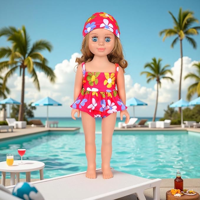 18 Inch Doll Swimsuit Playset, Dorable Doll Summer Dress Playset for 18 Girl Dolls, Includes Doll Bikini Swimsuits, Lovely Sunglasses, Goggles, Sandals and Water Inflatable Ring