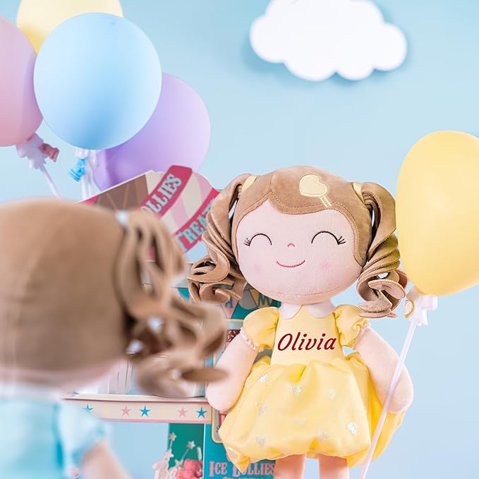Gloveleya Personalized Yellow Heart Girl Doll – Custom Name Plush Baby Doll Gift with Gift Box, Soft Huggable Rag Doll for Toddlers & Kids, Birthday Present, Baby Shower Keepsake, 16 Inch