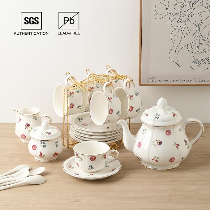 Sweejar 23 Pcs Floral Tea Sets with Metal Holder, Relief Gold Rim Porcelain Tea Sets for Adults, Cup and Saucer Set for 6, with Teapot, Sugar Bowl, Milk Jug, Spoons (Garden)