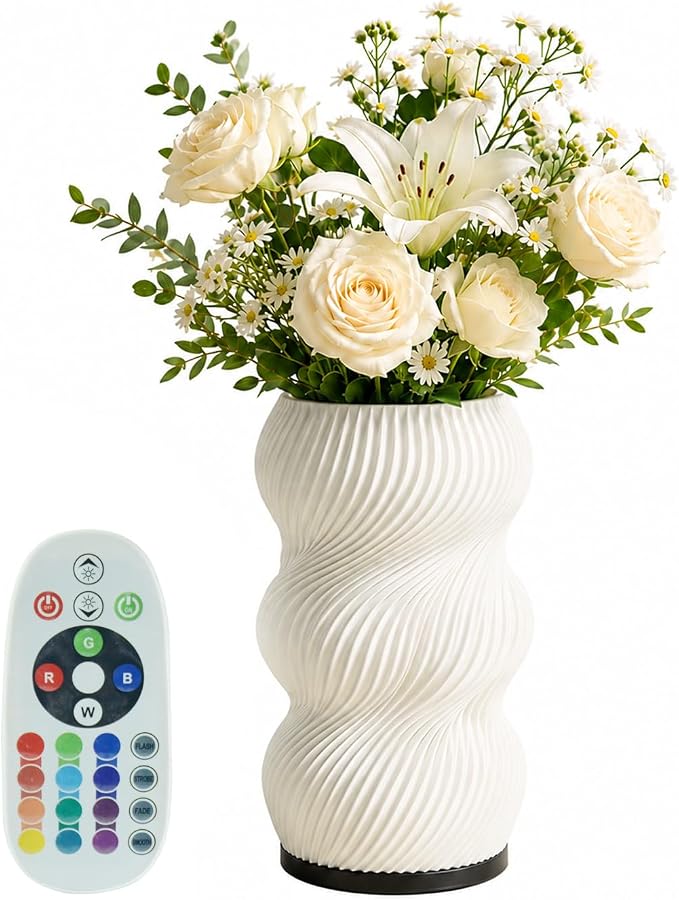White Vase for Flowers - Small Unique Vase with Lighting 16 Colors for Centerpieces, Modern Vases for Home Decor, Living Room, Bedroom (USB Plug in Corded)