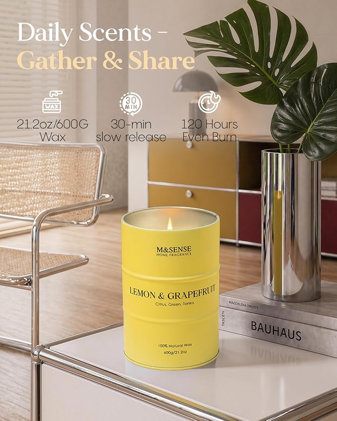 M&SENSE Lemon Candle Large for Home Scented, Lemon Soy Candles 21.2oz 120 Hour Slow Burning, Highly Scented Limoncello Grapefruit Citrus Candles for Bathroom, Fresh Smelling Candle