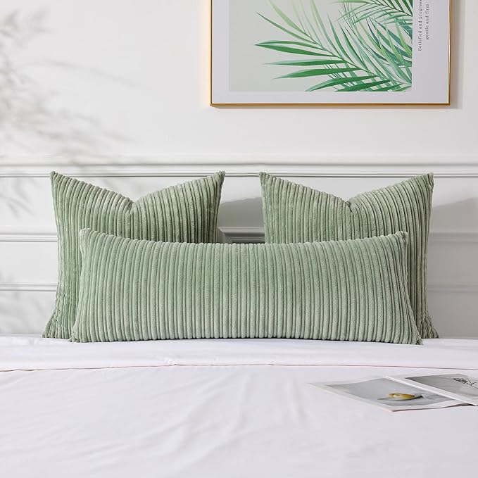 UGASA 14x36 Inch Pillow Cover Pack of 1 Soft Boho Stripe Corduroy Large Long Rectangular Lumbar Cushion Cover Farmhouse Decorative Throw Pillowcase for Bed Couch Sofa Bedroom Living Room Sage Green