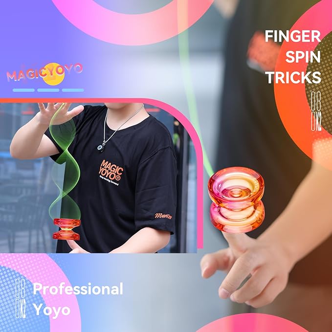 MAGICYOYO K2 Crystal Yoyo Professional Responsive Yoyo for Beginner, Double Colors Plastic Yo-Yo, Dual Trick Yo Yo with 12 Yo-yo Strings, Case Bag + Accessory Kit (Pink + Orange Gradient)