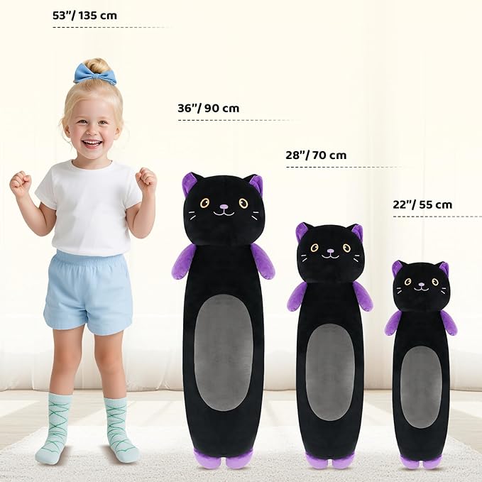 22” Long Cat Plush Body Pillow, Cute Black Cat Stuffed Animals, Lucky Kitty Squishy Soft Plushies Toy, Gifts for Kids Girls and Boys, Birthdays ﻿Easter