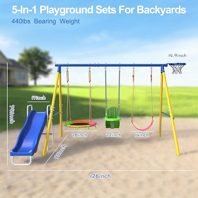 JYGOPLA Metal Swing Sets for Backyard, 5-in-1 Kids Swing Set Slide Combo with Saucer Swings, Baby Safety Swing & Basketball Hoop for Ages 3-12