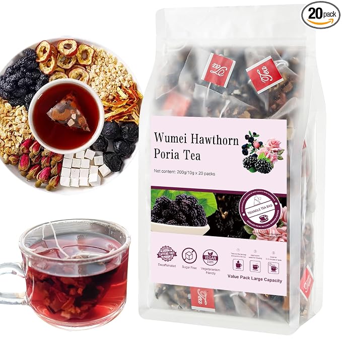 Hawthorn Berry Tea Bags, Hibiscus Herbal Tea, Caffeine-Free, 20 Count | 7-ingredient blend: dried plum, hawthorn, poria cocos, tangerine peel, red rose, diced pear and apple, tart fruity taste