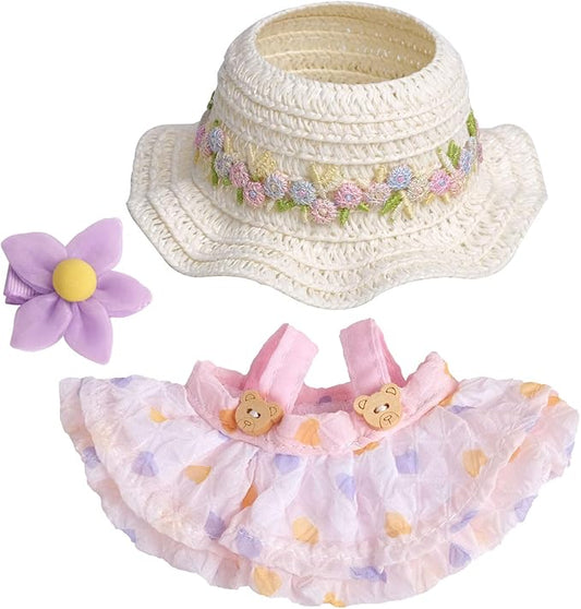 17 cm Doll Summer Outfit – Dress with Straw Hat & Matching Hair Clip – Clothes & Accessories for 6.7″ Dolls (Doll Not Included) (Pink)