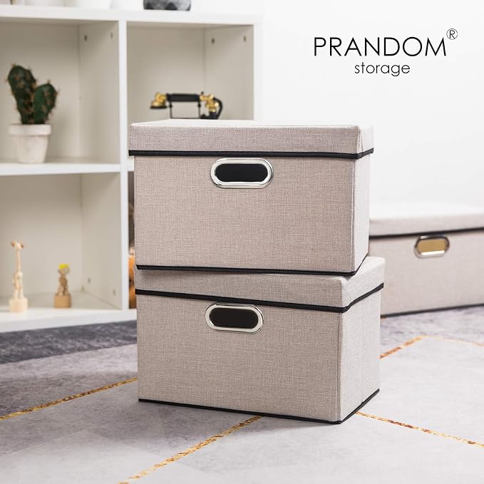 Foldable Storage Bin with Lid [1-Pack] Linen Fabric Decorative Storage Box Organizer Container Basket Cube with Handles Divider for Closet Office Living Room Light Grey(14.9x9.8x9.8)