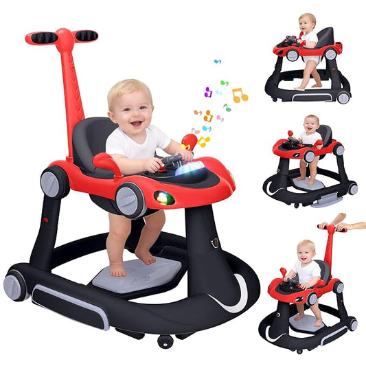 Baby Walker, 4-in-1 Baby Walker with Wheels Portable, Foldable Infant Toddler Walker for Boys Girls 6-18 Month (Red)