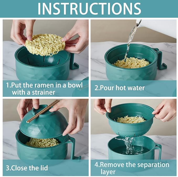 1 Set Microwave Ramen Cooker 40oz Wheat Straw Microwave Noodle Bowl Set with Chopsticks, Spoon, Fork, College Dorm Office Apartment Essentials (Dark Green)