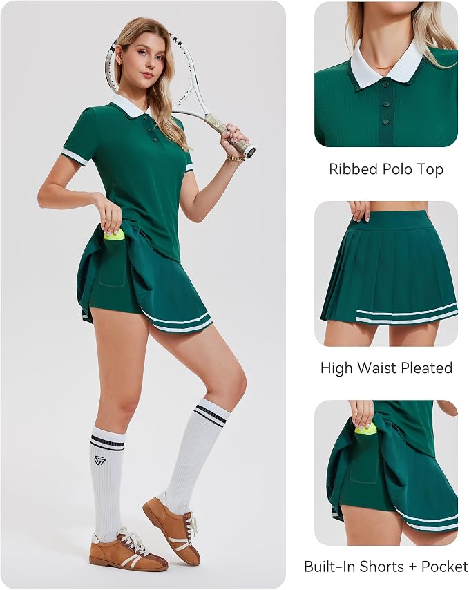 Mudere Golf Outfits for Women Tennis Skirt Set Polo Top Pleated Skort | Ribbed Short Sleeves, Built-In Shorts, Side Pocket, Nylon Spandex Blend, Pickleball Running Dress, Versatile Athletic Wear