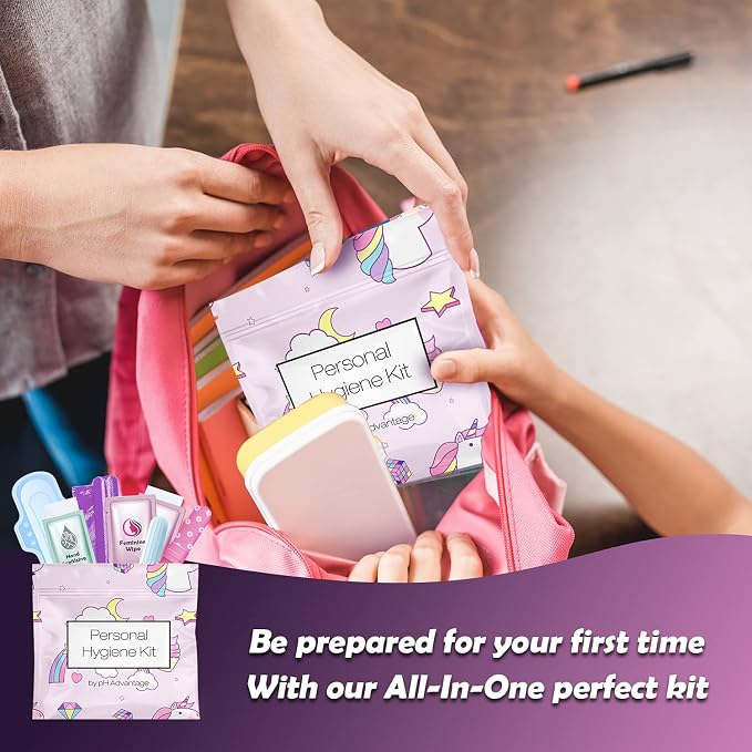 3 x Menstrual All-in-One Kits - Assorted Colors | Convenience on The Go | Single Period Kit Packs | Individually Wrapped Feminine Hygiene Products (Light Brown/Rainbow & Unicorns/Dark Brown)