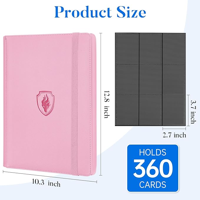 Premium 9 Pocket Card Binder for 360 Cards, Fabmaker PU Cover Trading Card Binder, Sturdy Card Collection Album, Sleek Card Holder Folders for Game Cards & Sports Cards, Pink