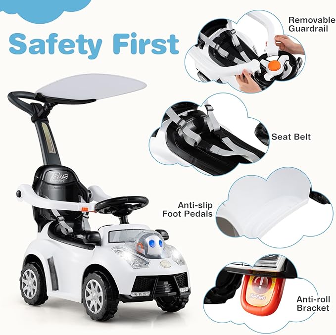 Costzon Push Car for Toddlers, 3 in 1 Stroller Sliding Walking Car with Handle, Canopy, Seat Belt, Horn, Music & Lights, Under-Seat Storage, Guardrail, Foot-to-Floor Ride On Toy for Boys Girls (White)