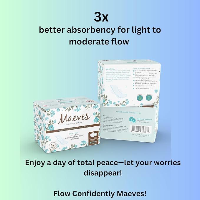 Maeves Pads Ultra Thin, Unscented Feminine Care, Regular Absorbency, Teen, Tween Period Pads, Sanitary Napkins with Wings for Women- 24 Count (2 Packs of 12)