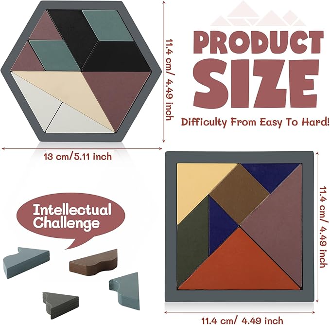 Yunsailing 3 Pack Hexagon Tangram Puzzle Wooden Brain Puzzles with Storage Bag Challenge Wood Russian Blocks Brain Teasers Geometric Jigsaw Block Logic Iq Stem for Family Party Gift (Stylish)
