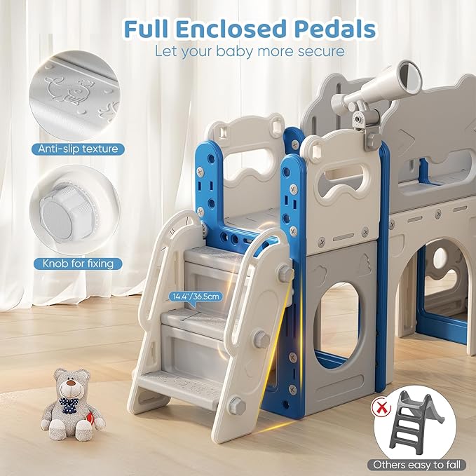 Toddler Slide Indoor, 8 in 1 Indoor Playground for Kids 1-3 Toddler Playset with Climber, Basketball Hoop, Tunnel and Storage Space Kids Outdoor Slide Playset (Blue)