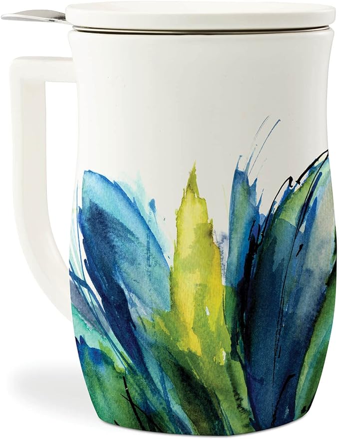 Tea Forte Ceramic Fiore Cup with Handle, Removeable Stainless Steel Infuser Basket and Lid, Steeps 14 oz Loose Leaf Tea, Dishwasher & Microwave Safe, Blue Agave