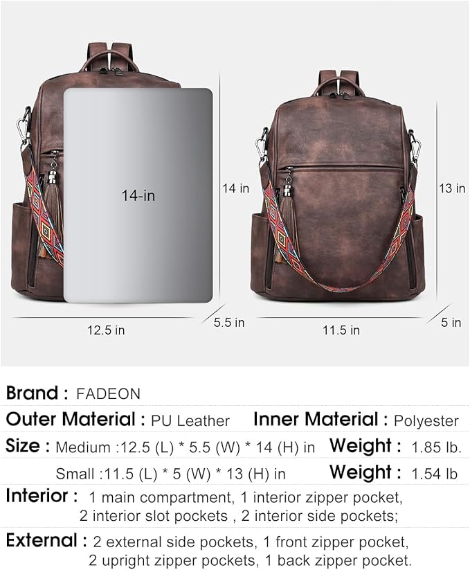 FADEON Leather Backpack Purse for Women Designer Travel Backpack Purses PU Fashion Ladies Shoulder Bag with Tassel
