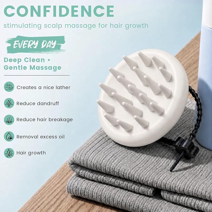 100% Silicone Scalp Massager,Scalp Scrubber for Hair Growth,White | 1 PCS Gift Box,2 Seamless Hair Clips Included,Soft-touch Grip,Quick lathering,Anti-Dandruff, Wet & Dry Use for All Hair Types