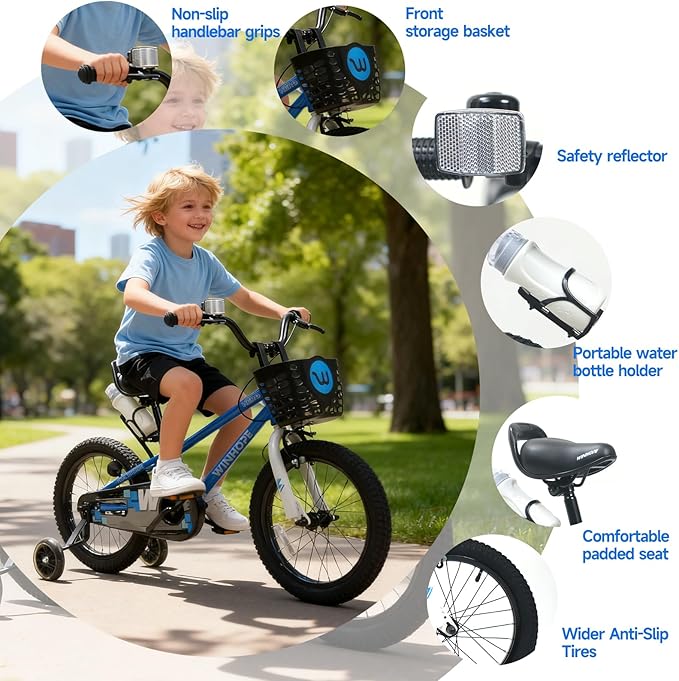 WinHope Kids Bike, 12-18 Inch Toddler Bicycle with Removable Training Wheels and Dual Brakes, Children Bike for Beginner with Adjustable Seat and Headlebar for 2-9 Years Boys Girls, Multiple Colors