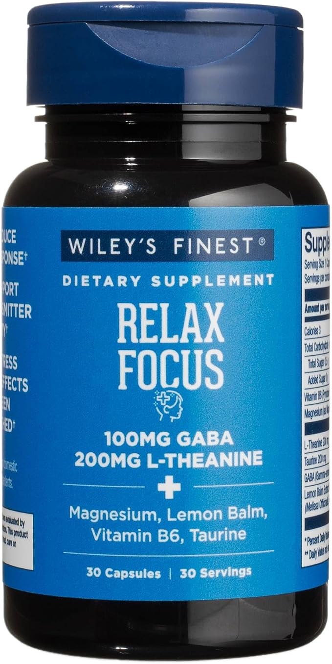 Wiley's Finest Relax Focus - Daily Supplement for Stress Support - Contains L-Theanine, GABA, Vitamin B6 & Magnesium - 30 Capsules (30 Servings)