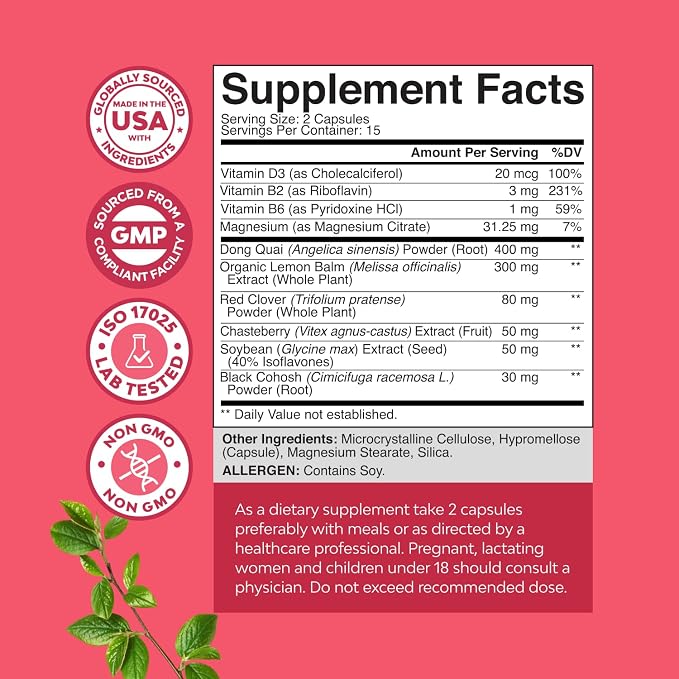 Complete Herbal Menopause Supplement for Women - Multibenefit Menopause Ease Hormone Balance for Women for Night Sweats Mood and More with Dong Quai Vitex Chaste Berry and Black Cohosh - 30 Count