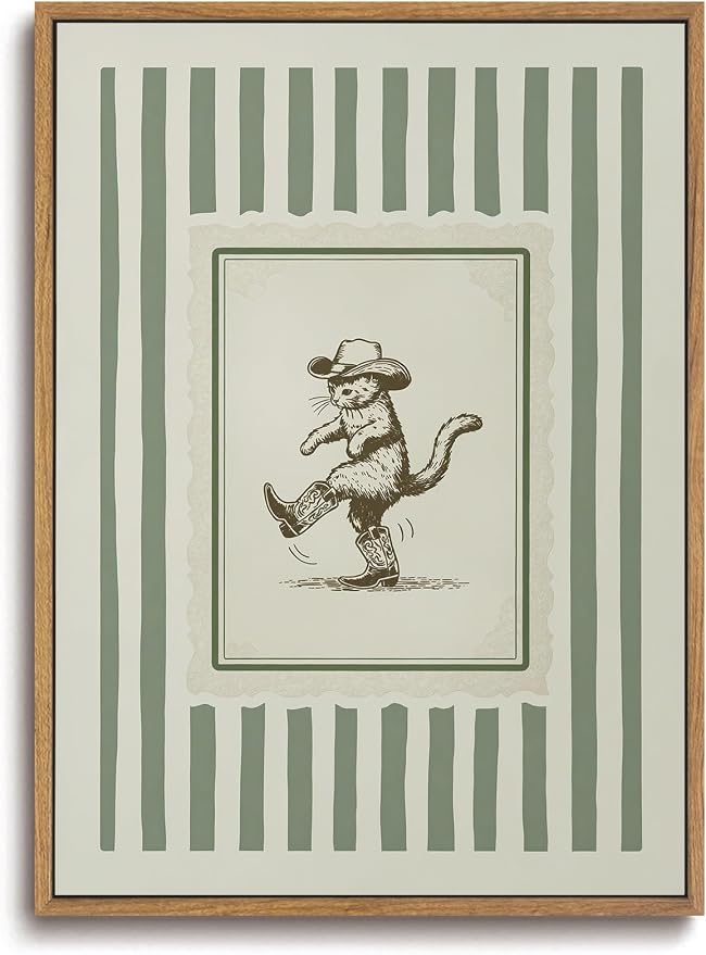 ZZLWBKGL Western Wall Decor Cowboy Cat Canvas Art Nursery Framed Wall Art | Vintage Artwork Boho Striped Paintings Funny Animal Picture for Living Room Kids Room Bedroom 8x10in