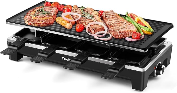 Raclette Grill, Techwood Electric Table Indoor Grill Korean BBQ Grill, Removable 2-in-1 Non-Stick Grill Plate, 1500W Fast Heating with 8 Cheese Melt Pans, Ideal for Parties and Family Fun