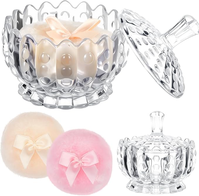 Tioncy 3 Pcs Large Body Powder Puff and Container Valentine's Day gift Powder Container with Puff Crystal Case Soft Washable Reusable Velour Face Body Glitter Wet Dry Makeup(Scalloped,Transparent)