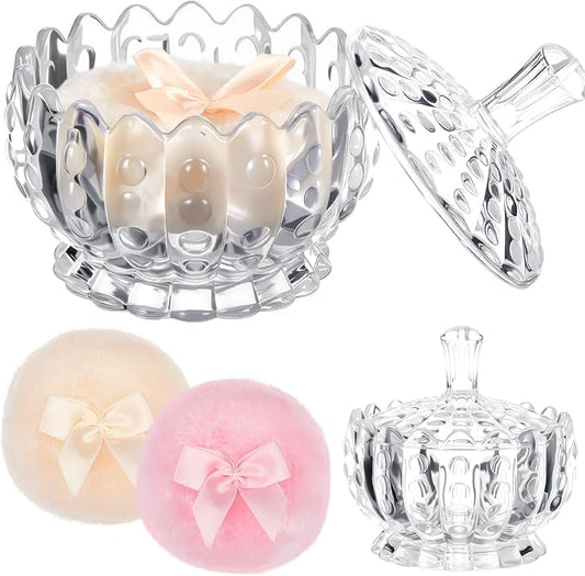 Tioncy 3 Pcs Large Body Powder Puff and Container Valentine's Day gift Powder Container with Puff Crystal Case Soft Washable Reusable Velour Face Body Glitter Wet Dry Makeup(Scalloped,Transparent)