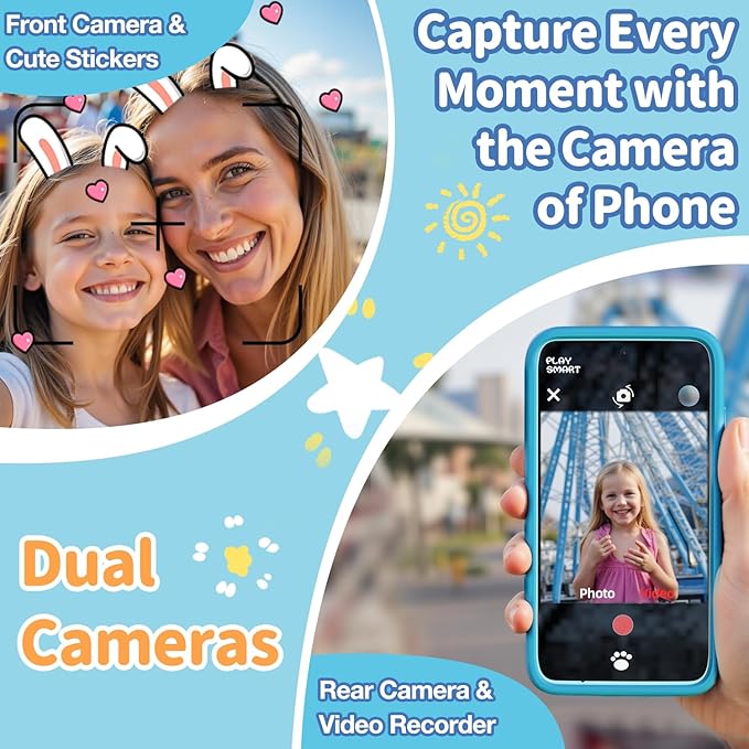 MOMILLA Kids Toys Smart Phone, Dual Camera with Stickers, 3.97" Touchscreen, 200+ Educational Puzzle Games, Learning Toys with Parental Control for Ages 3-8, Birthday Gift