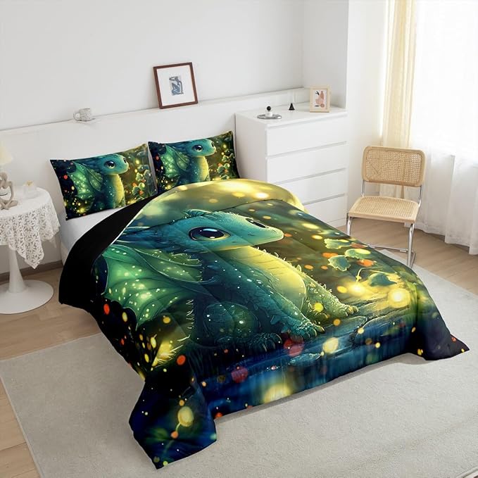 Feelyou Dragon Comforter Set Queen Size Dragon Stuff Comforter for Boys Girls Teens Kawaii Bedding Set Dragon Decor Duvet Set Room Decor Bright Green Quilt Set