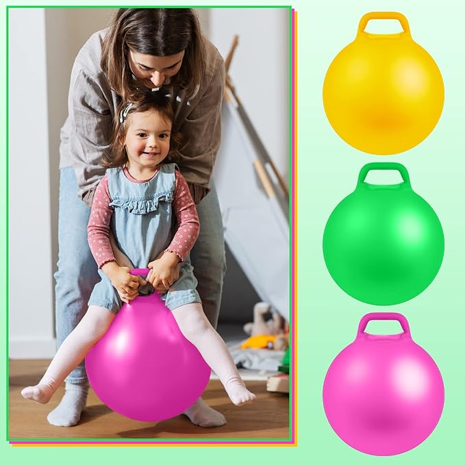 Lewtemi 3 Pcs 18 Inch Inflatable Bouncy Hopper Ball Large Round Jumping Balls with Handles for Kids Hopping Toys for 6 Years Old and Above Children Boy Girl(Pink, Yellow, Green)