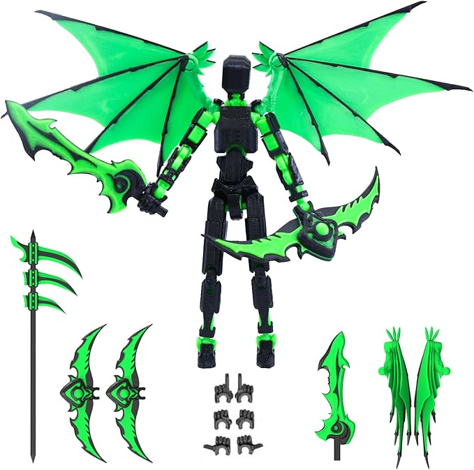 Titan 13 Robot Action Figure,Dummy 13,Articulated Robot with Demon Wings, 3D Printed robo 13 Action Figure Articulated (Bamboo Green)