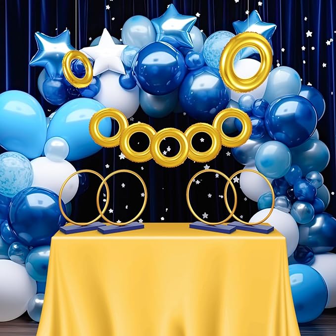Leinuosen 2 Set Blue Gold Ring Party Decorations, Wooden Cartoon Gold Ring Table Centerpieces for Cartoon Video Game Party Birthday Decor
