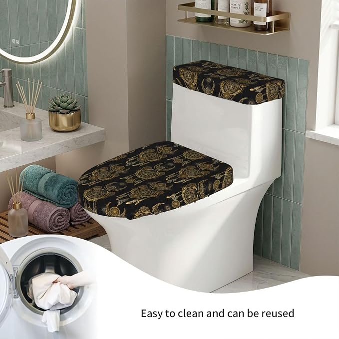 Dustproof Toilet Lid Tank Cover Set Boho Chic Golden Crescent Moon Sun Mandala, Stretch Polyester Spandex Non Slip Elastic Bottom Bathroom