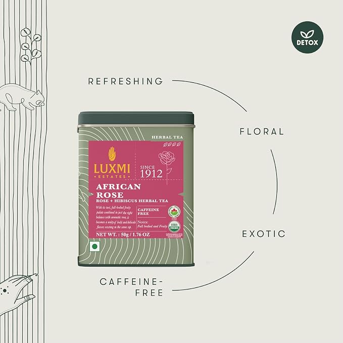 Luxmi Estates African Rose Hibiscus Tea | Loose Leaf, 50g (1.76oz, 25 Cups) | USDA Organic 8-Herb Floral Blend with Hibiscus, Rose Petals, Fennel, Cardamom, Chamomile, Star Anise & Cornflower, Caffeine-Free, Vegan