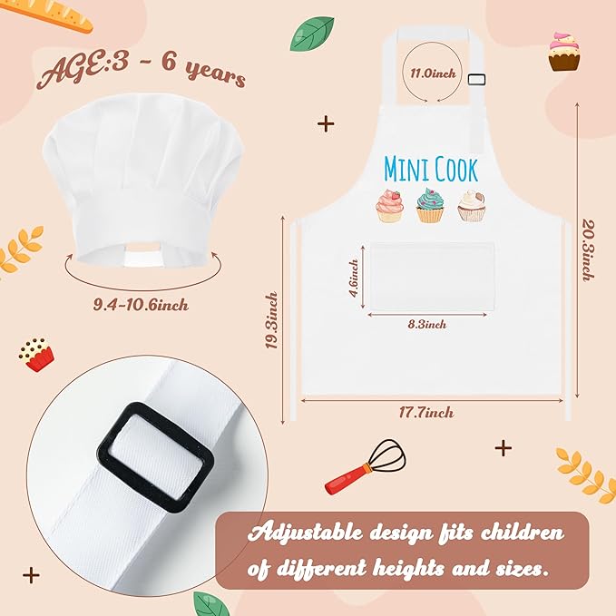 R HORSE Kid Apron and Chef Hat Set - 2Pcs White Mini Cook Adjustable Children Kitchen Toddler Apron for Girls Boys, Funny Dress up Pretend Play Toy Birthday Gift for Kids Cooking Baking Painting