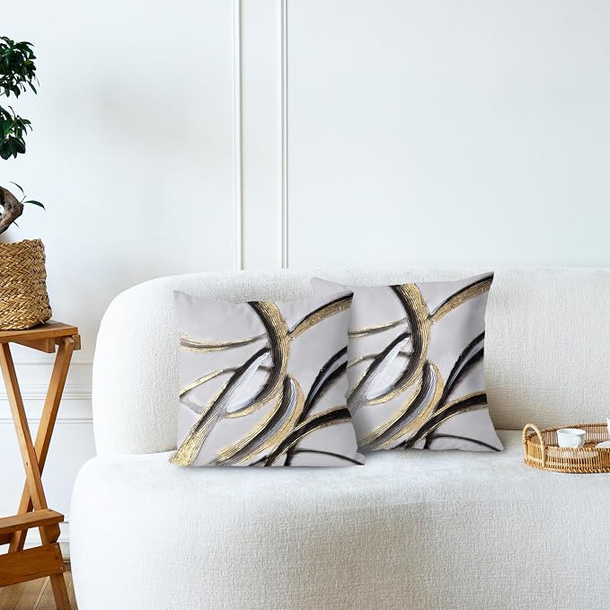 Black Gold Pillow Covers, Abstract Black and Gold Pillow Covers 18x18 Set of 2, Modern Boho Home Decor, Black and Gold Pillows Decorative Throw Pillows for Couch Living Room Bedroom