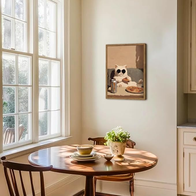 Funny Kitchen Cat Wall Art, Whimsical Animal Wall Decor Painting 3D Textured Sandstone Poster Picture Print Cute Cat Artwork for Bedroom Dining Room Nursery 16x24 inch Wood Framed