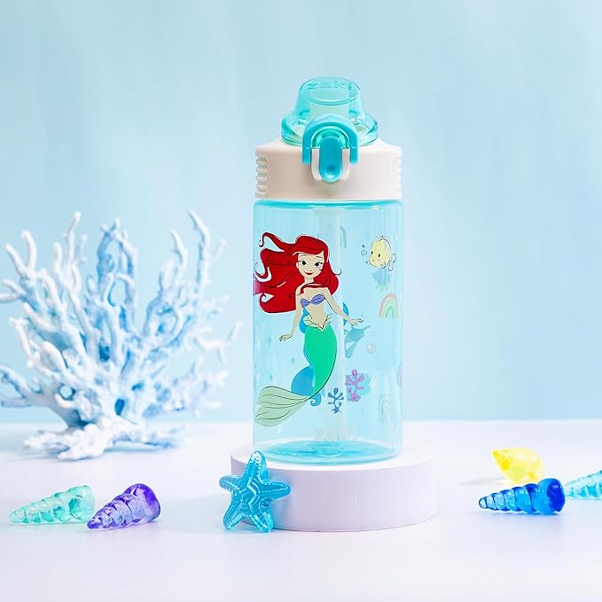 Zak Designs Disney Princess Sage Water Bottle For School or Travel, 16oz Durable Plastic Water Bottle With Straw, Handle, and Leak-Proof, Pop-Up Spout Cover (Ariel & Jasmine)