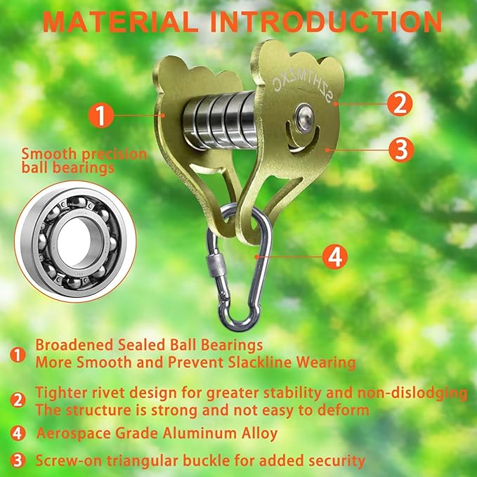 Zipline Pulley Bear Kits, Ninja Slackline Slider, Smooth and Silky, Zipline Brake Stopper for Slackline Zip line, Quick Setup for Kids Backyard Outdoor Playground Fitness Equipment